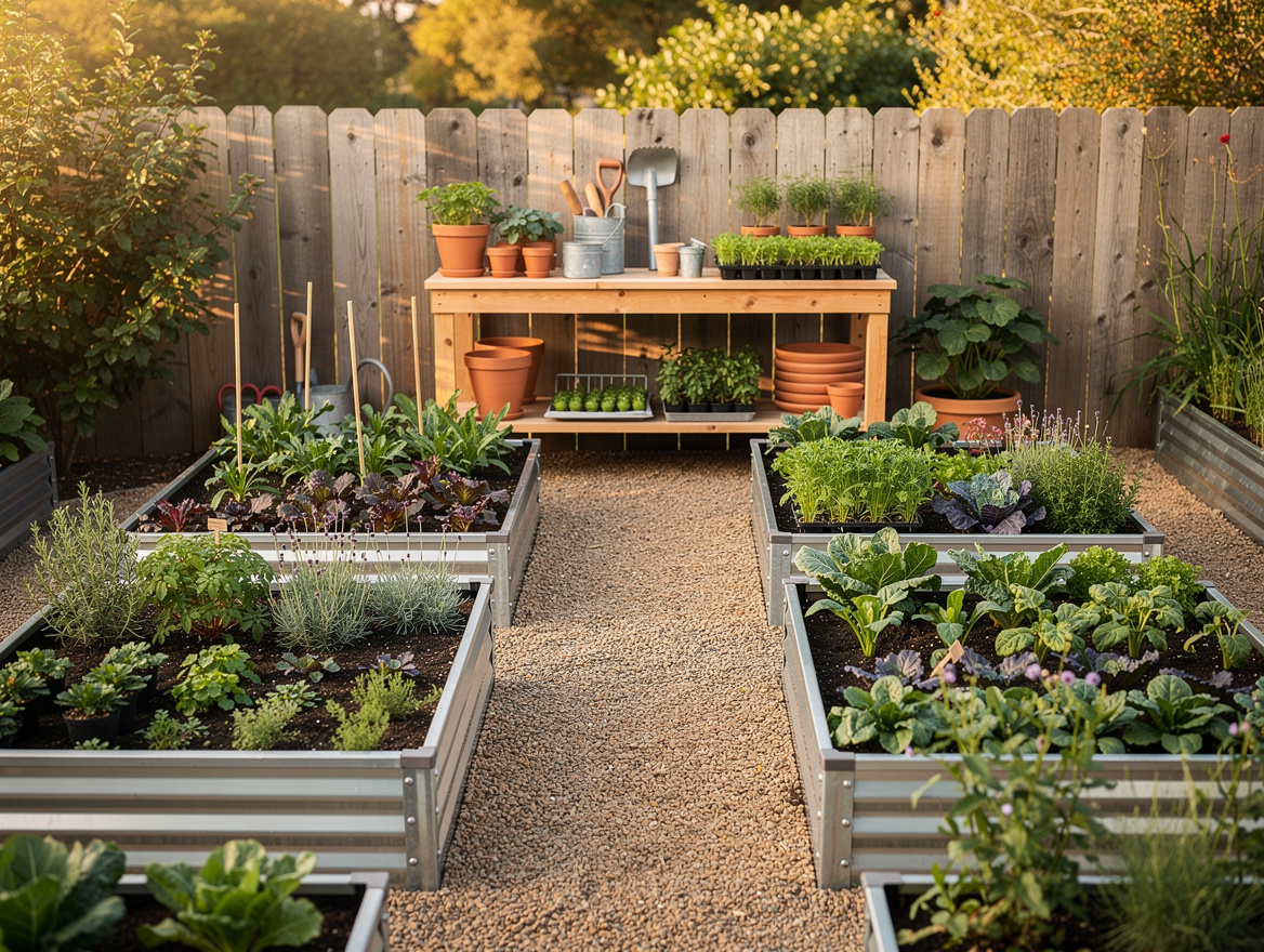 Wide atmospheric photo of a home vegetable garden styled like a boutique farm st
