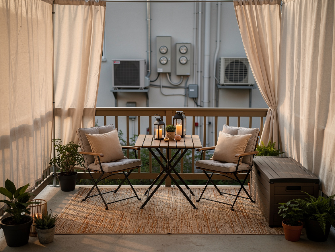 Wide ambient editorial photo of a small US apartment patio set for casual summer