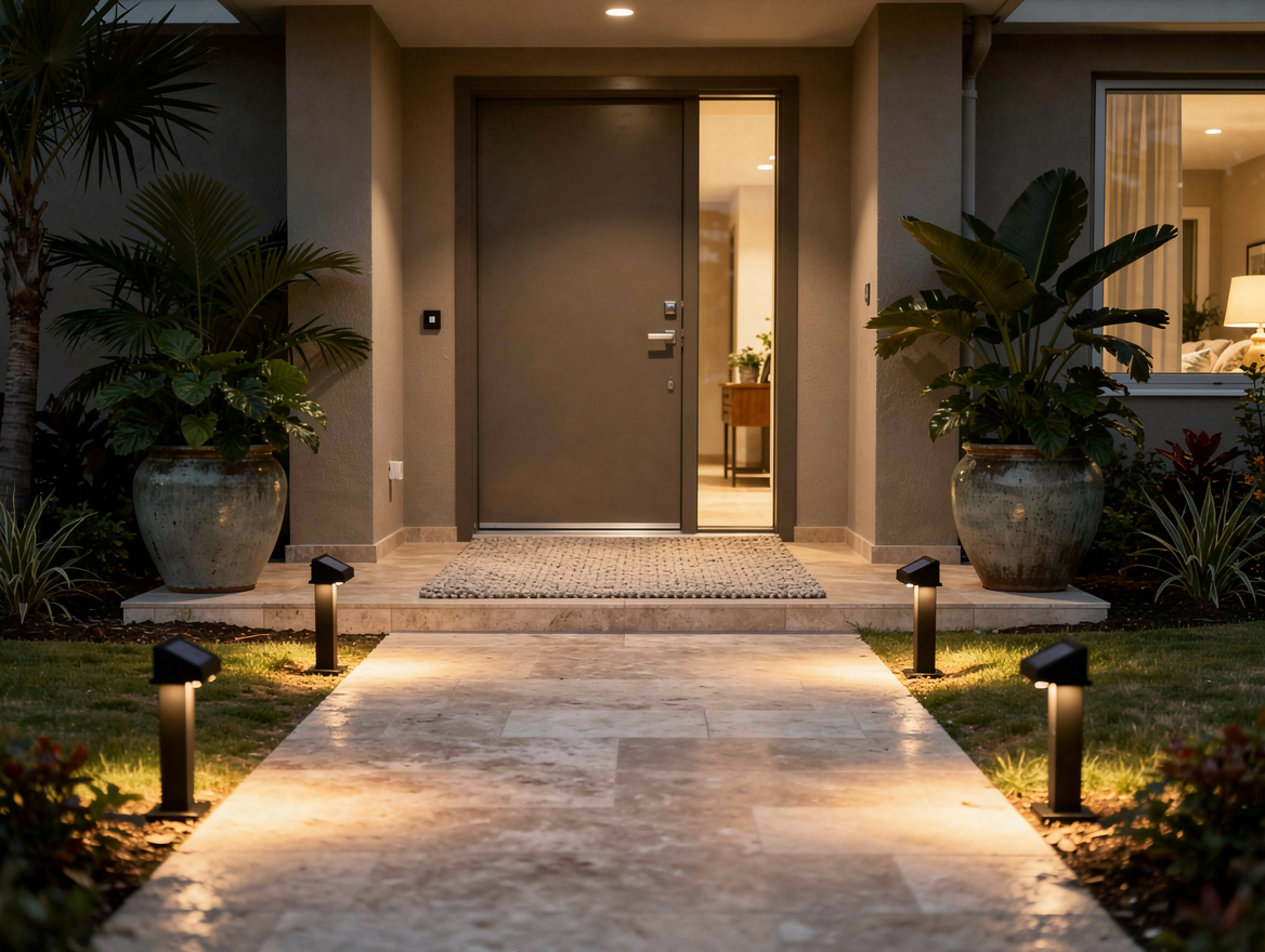 Wide ambiance photo of an apartment or rental home entrance with a softly lit pa