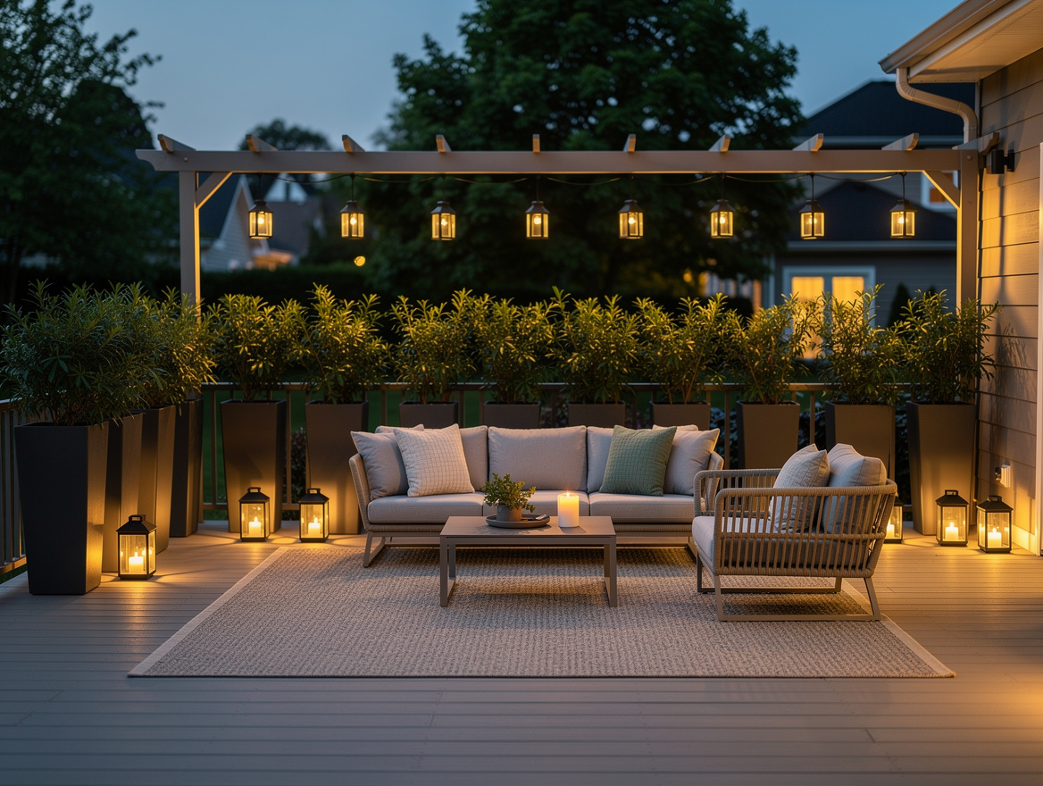 Wide ambient backyard deck scene at dusk with solar lanterns, tall planters for
