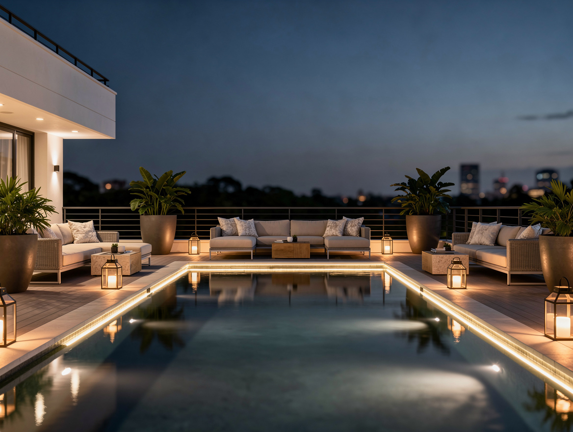 Wide ambiance shot of a hotel-style pool retreat on a rental deck at dusk, warm