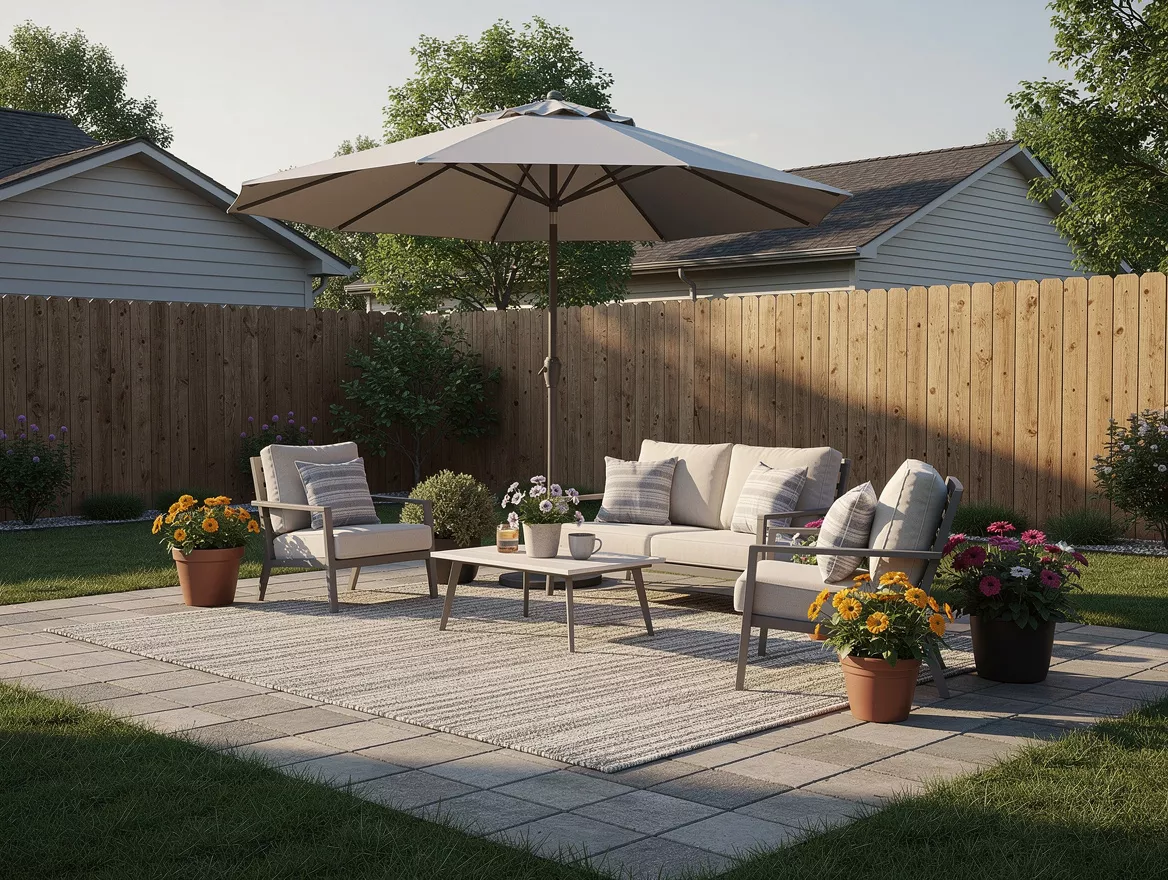Realistic editorial wide ambiance photo of a cozy summer gathering patio with a
