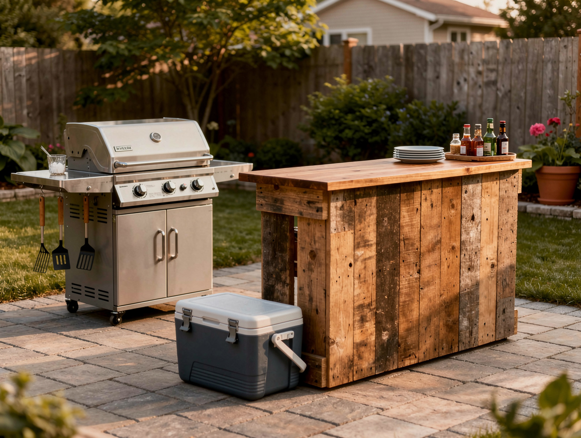 Wide ambient backyard scene with a rustic pallet bar and grill station on pavers