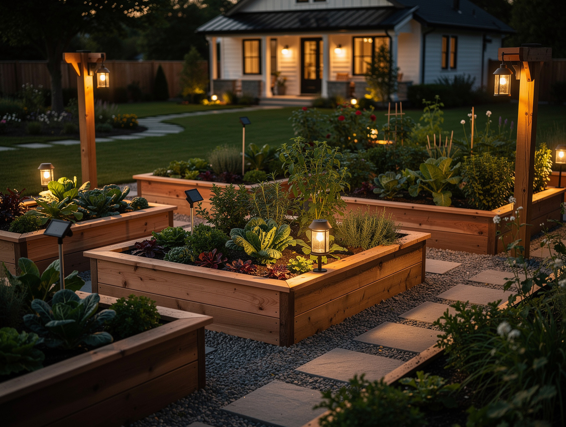 Wide ambiance photo of a boutique farm stand inspired home garden with multiple