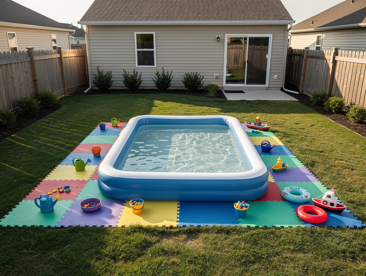 Wide ambient photo of a compact backyard with a shallow inflatable family pool,