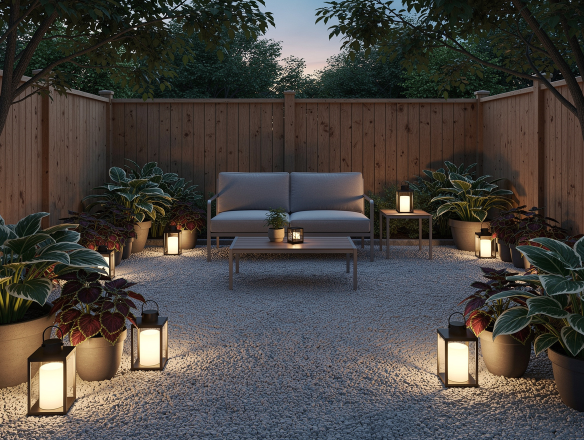 Wide ambiance photo of a quiet shaded backyard retreat at dusk with warm lantern