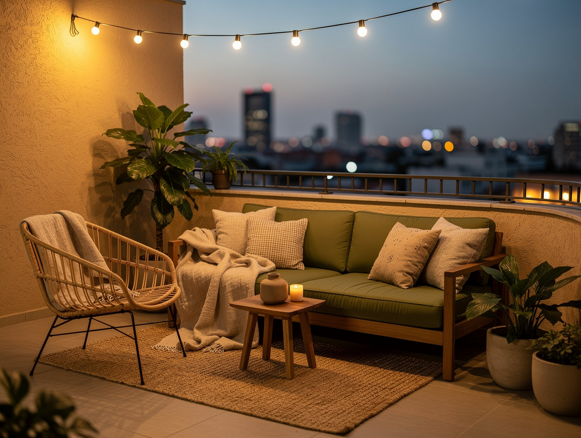 Wide ambiance shot of a cozy urban balcony at dusk with warm string lights, laye