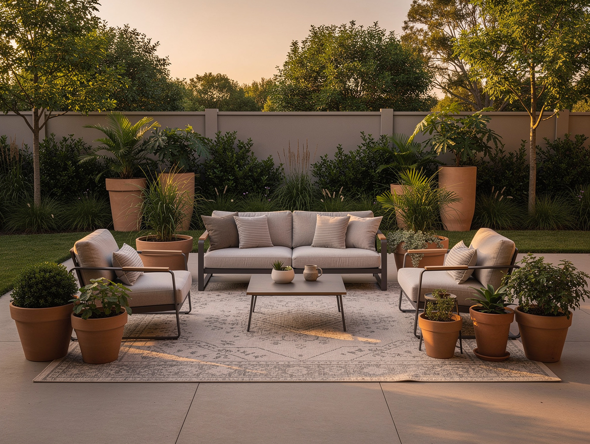 Wide ambiance photo of a modern backyard with warm undertones, muted rug, terrac