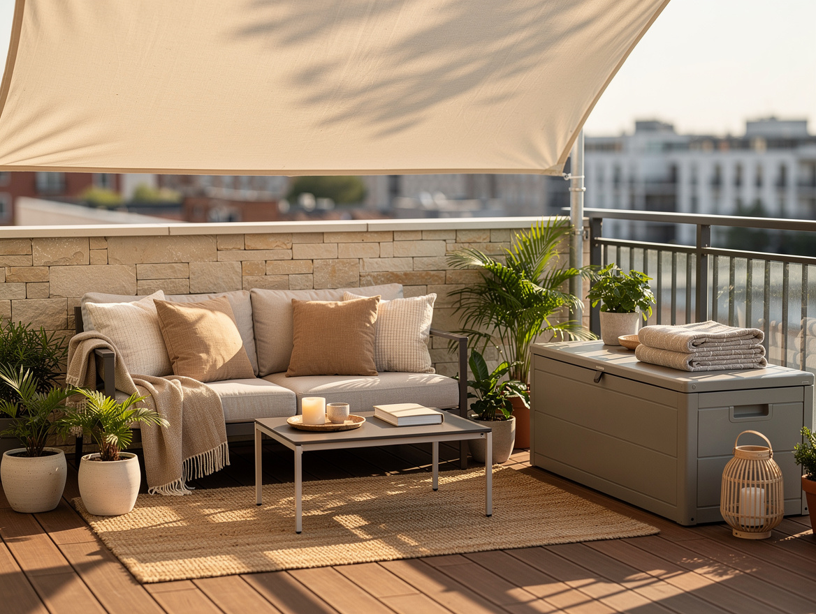Wide ambiance photo of a cozy apartment patio styled like a mini resort with por