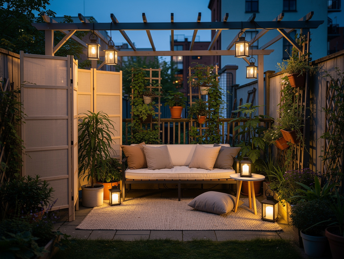 Realistic wide ambiance photo of a renter-friendly garden shelter with folding s