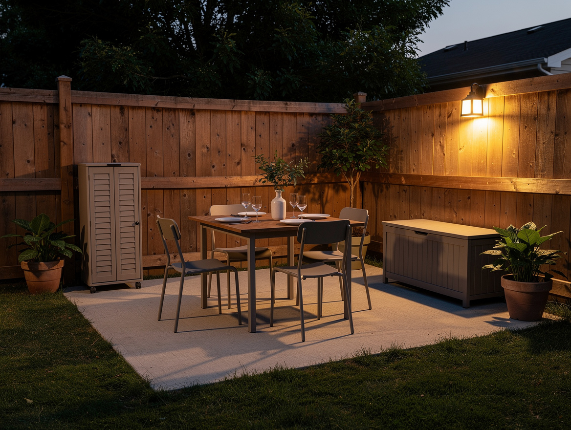 Wide ambiance photo of a small American backyard at dusk with warm lantern glow,