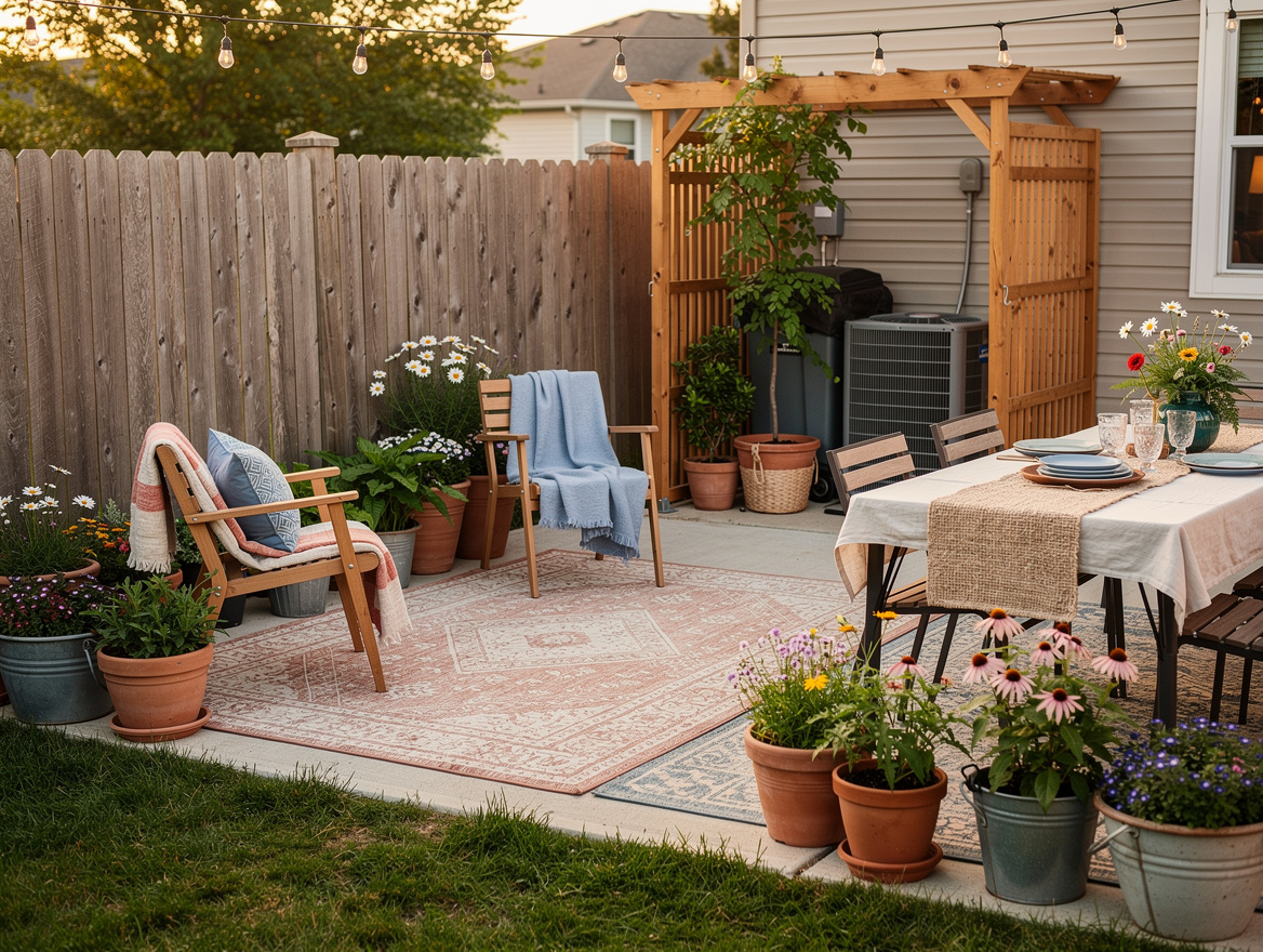 Wide ambiance photo of a modest American yard styled for a summer get-together w