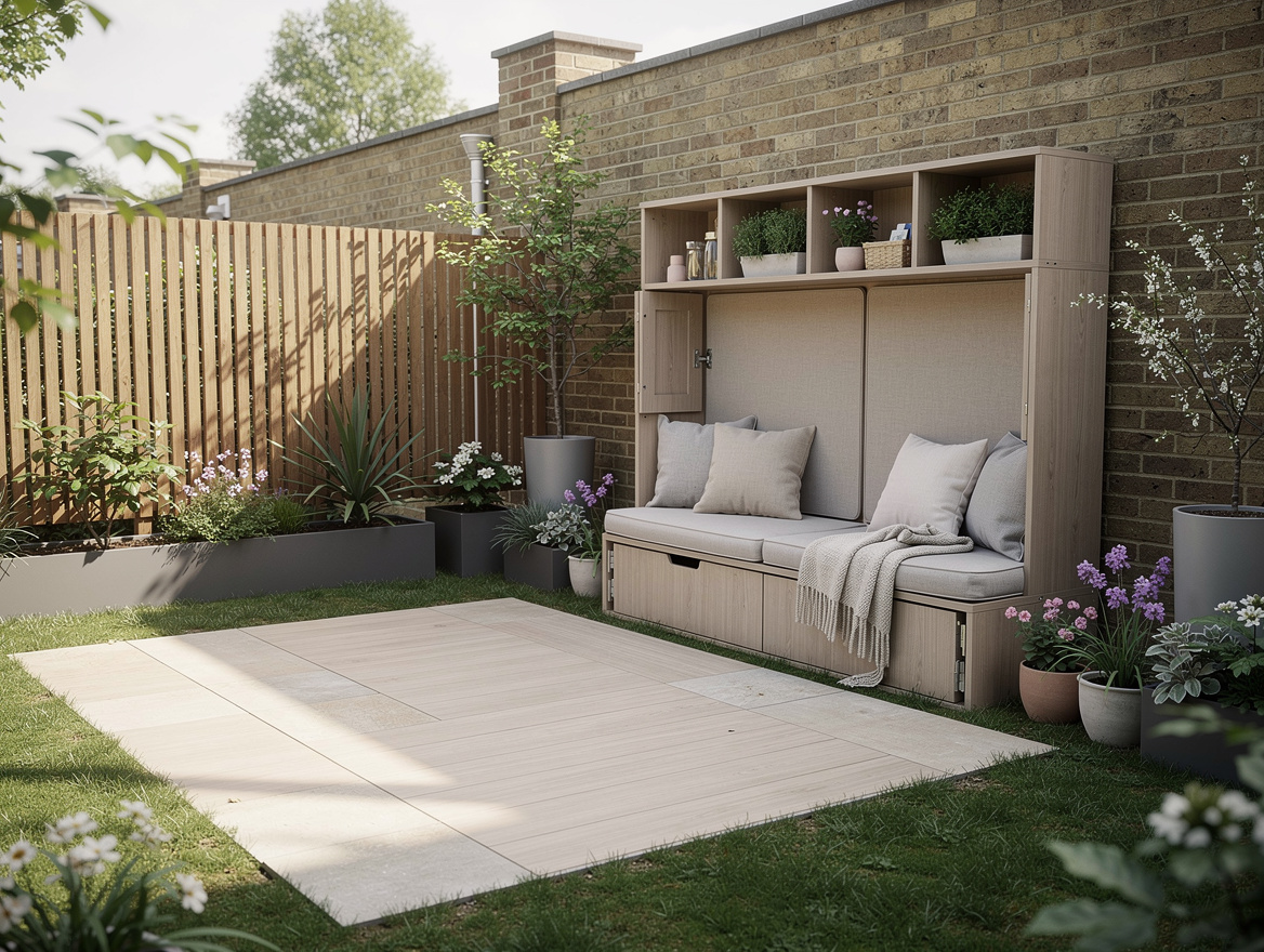 Wide ambiance photo of a tiny yard with a compact bench-and-back-panel storage w