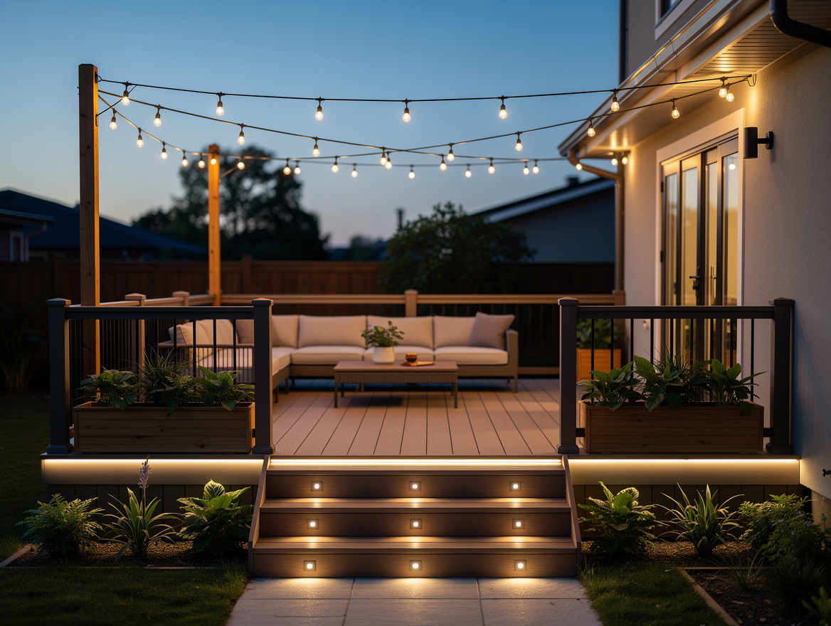 Wide ambiance shot of a small yard deck at twilight with recessed stair dots, on