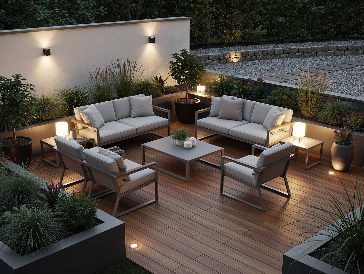 Wide ambiance photo of an updated backyard patio with modular layout, biophilic