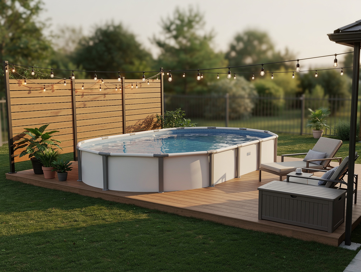 Wide ambient backyard scene with above-ground pool, privacy screens, solar strin