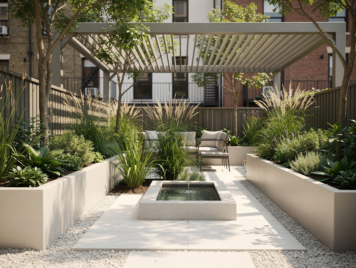 Wide ambiance photo of a compact urban backyard using light hardscape, layered s