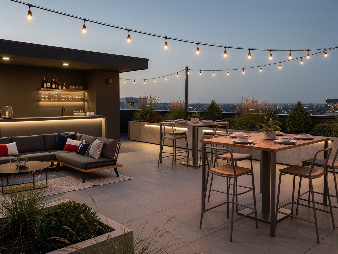 Wide ambiance photo of a modern backyard arranged like a rooftop venue at dusk,