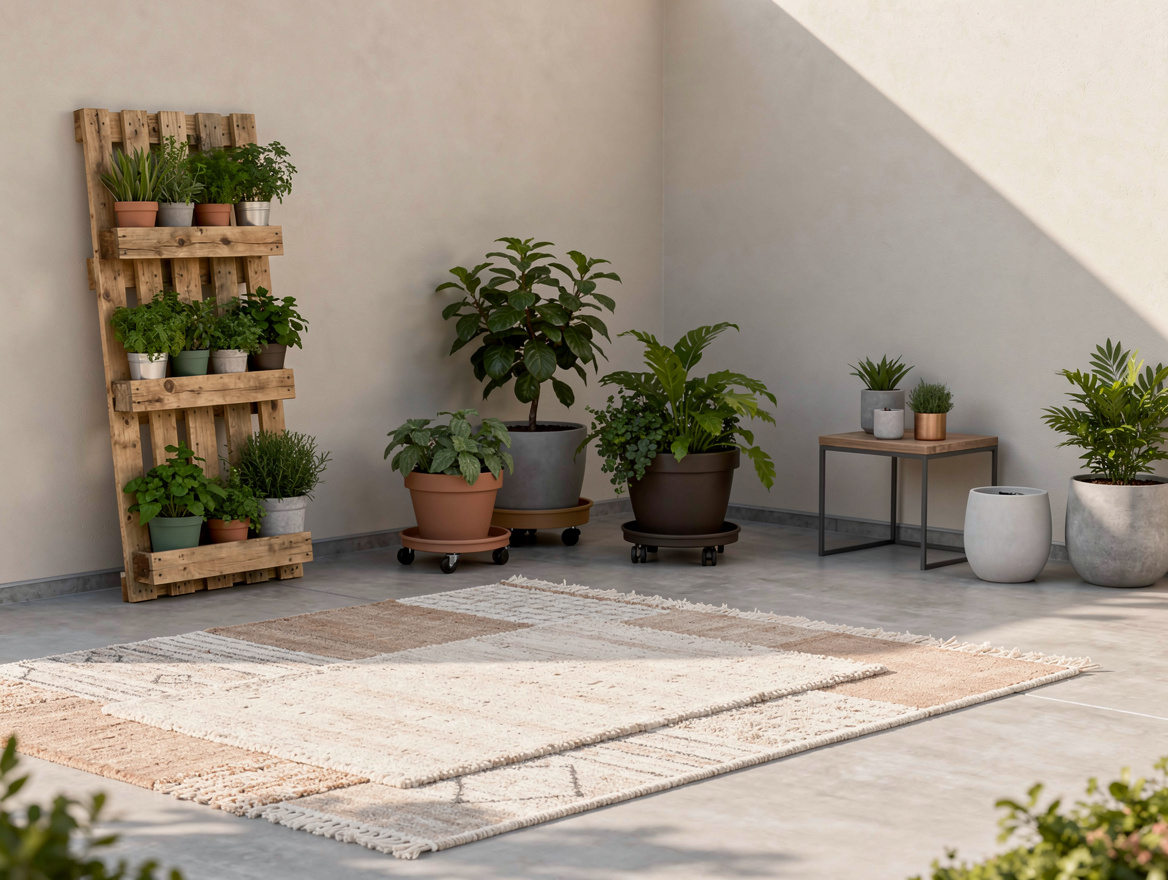 Wide ambiance photo of a renter-friendly patio with a leaning pallet herb statio