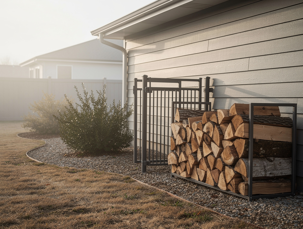 Wide ambient photo of backyard side yard with stacked firewood moved away from h