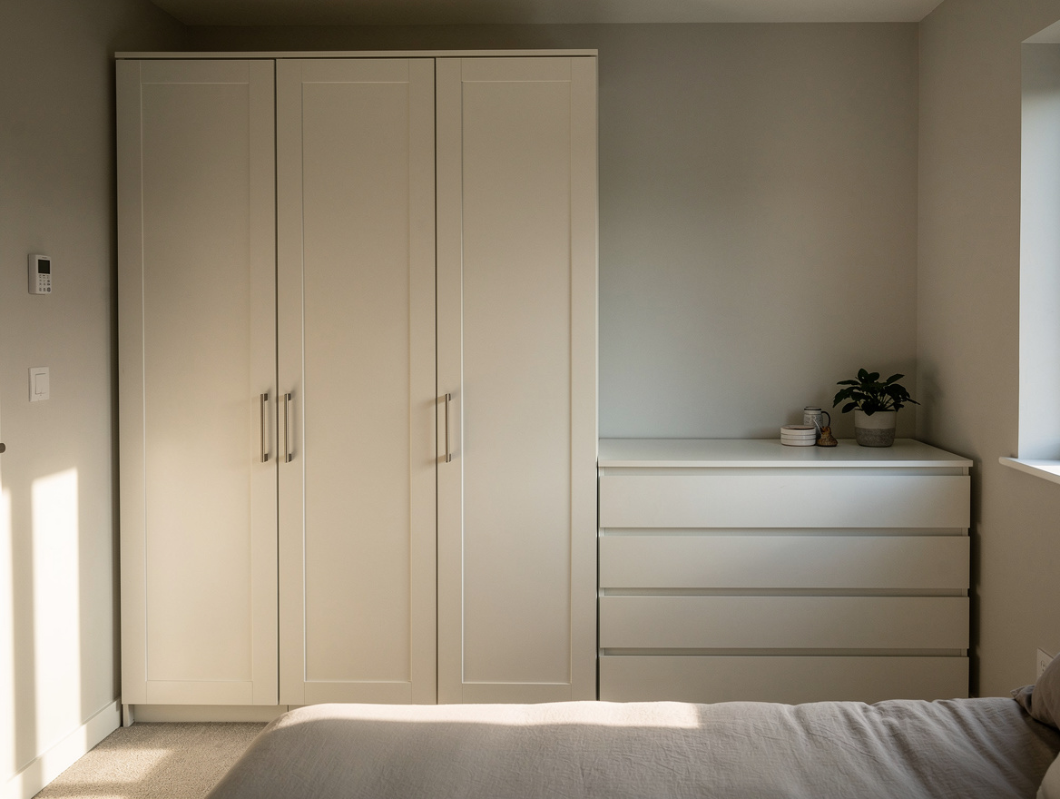 Wide ambient photo of a small bedroom with one full storage wall combining tall