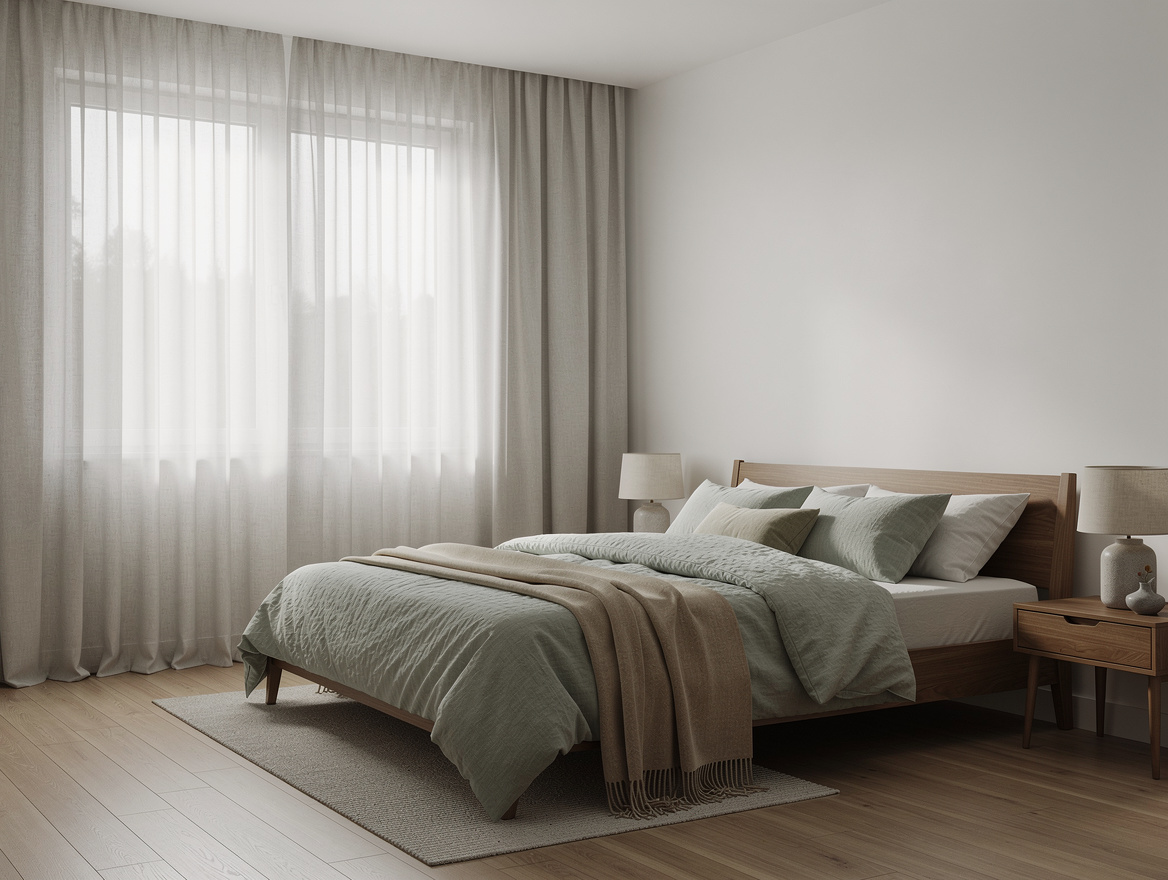 Wide ambiance photo of a calm bedroom in off-white, sage, and warm earth tones,