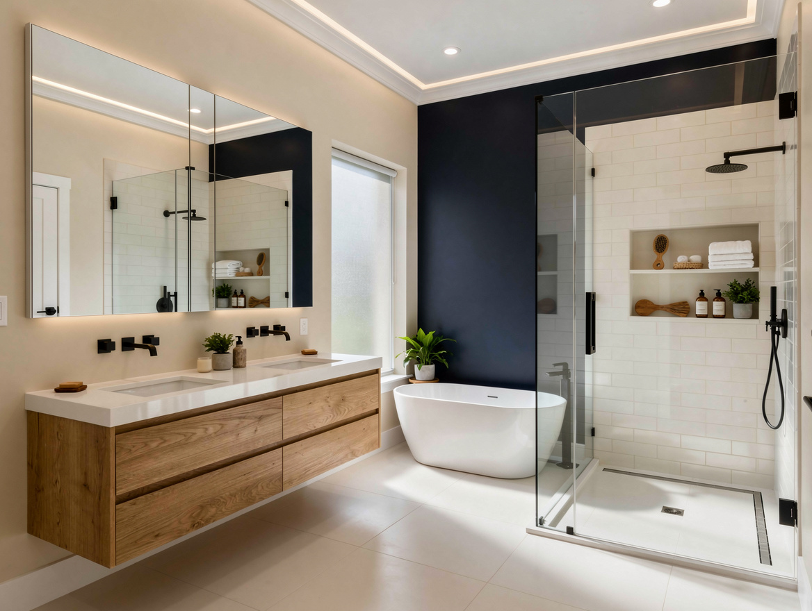 Wide ambient photo of a primary bathroom with creamy off-white walls, one deep n