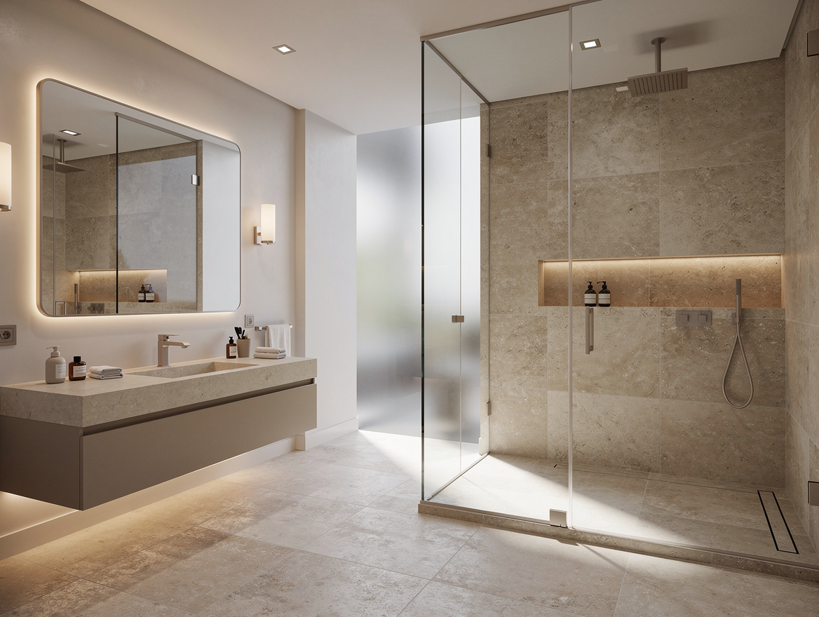 Wide ambiance photo of a boutique-spa bathroom, walk-in shower, warm neutral pal