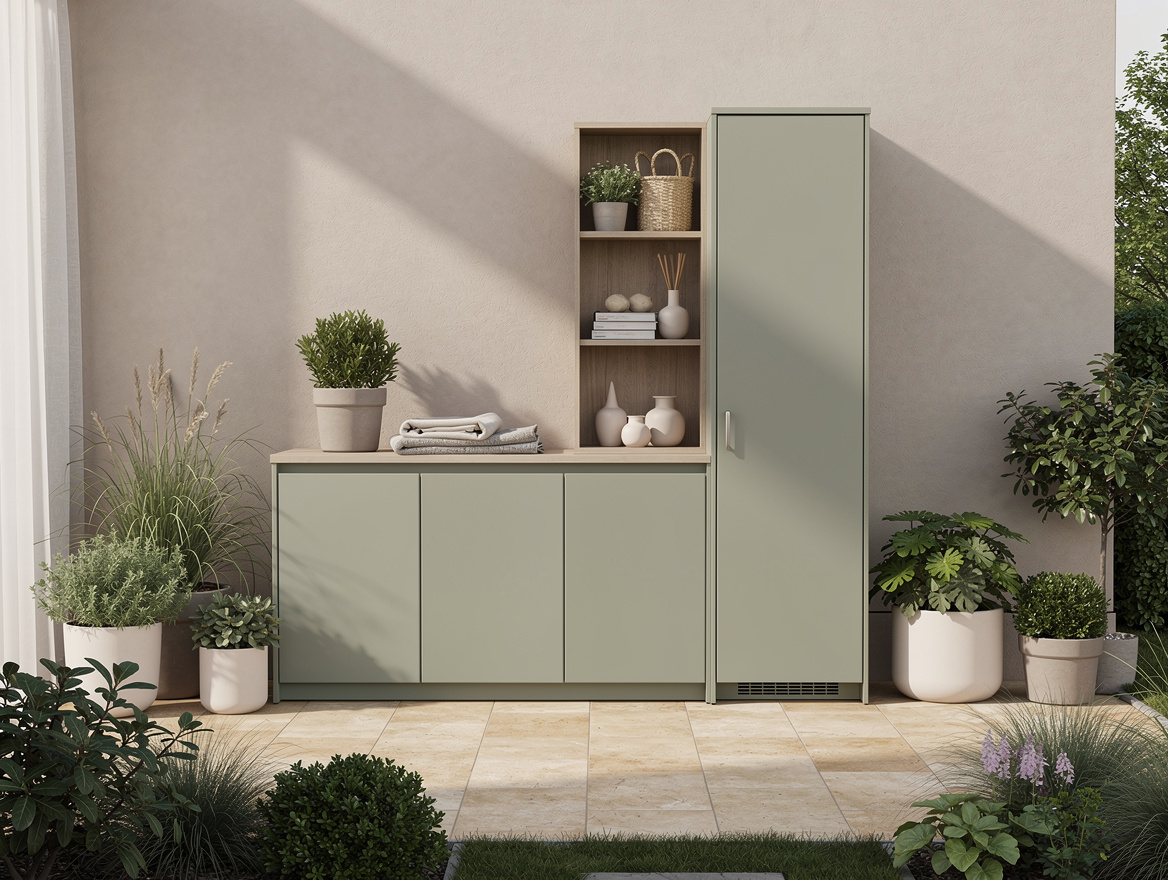 Wide ambiance photo of a small patio with integrated storage wall, vertical outd