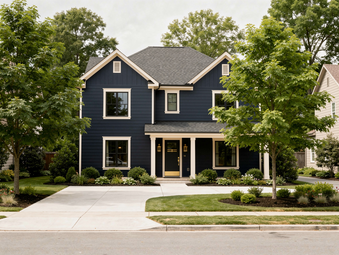 Wide ambient photo of a two-story house in deep navy with warm white trim and br