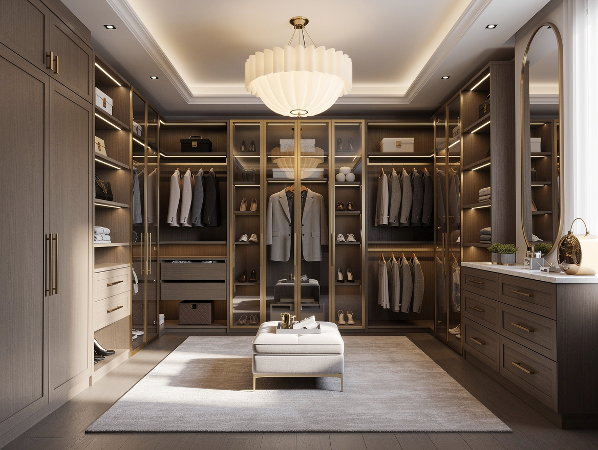Wide ambiance photo of a walk-in closet with a decorative ceiling fixture, layer