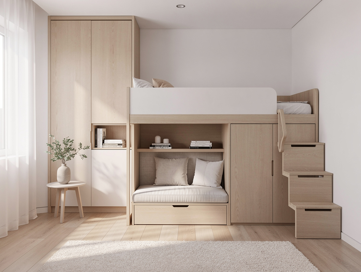 Wide ambiance photo of a tiny bedroom using a loft bed over storage and a readin