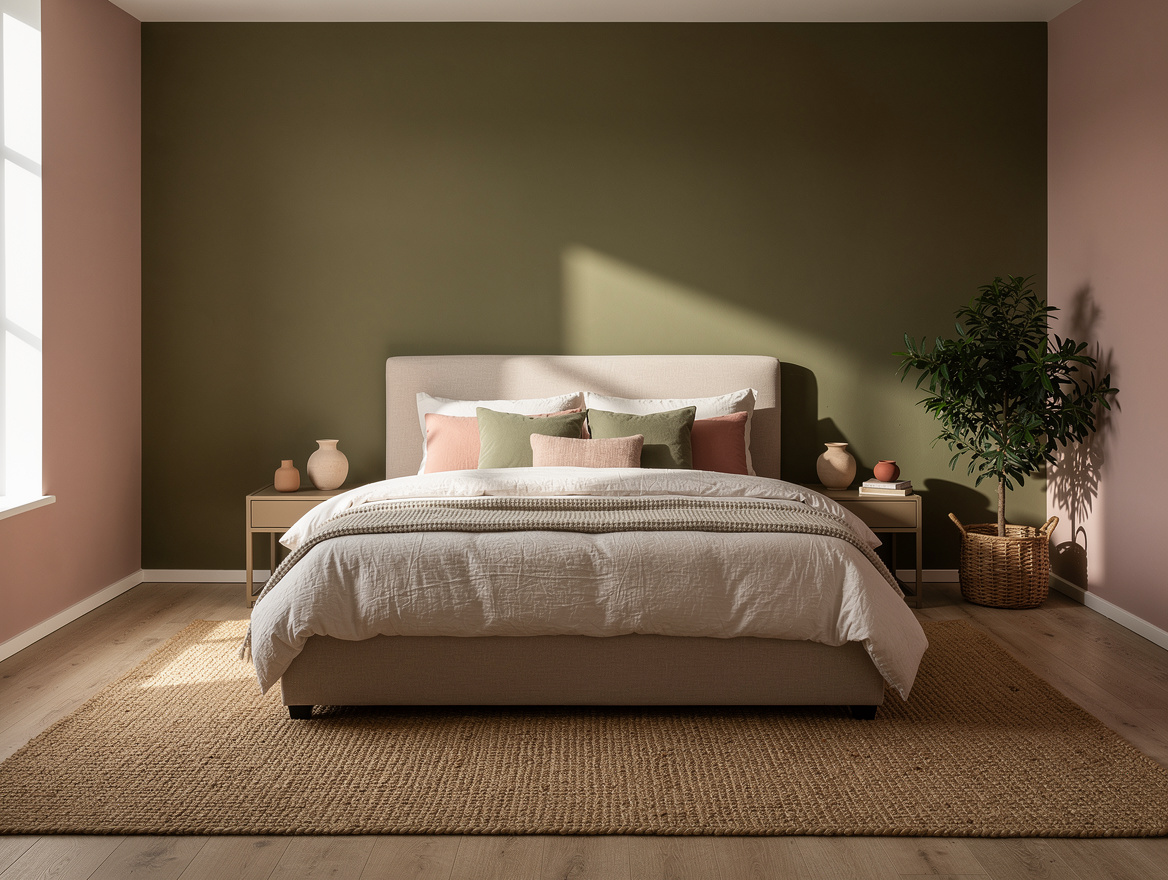Wide ambient photo of a cozy pink bedroom with olive accent wall, woven rug, bas