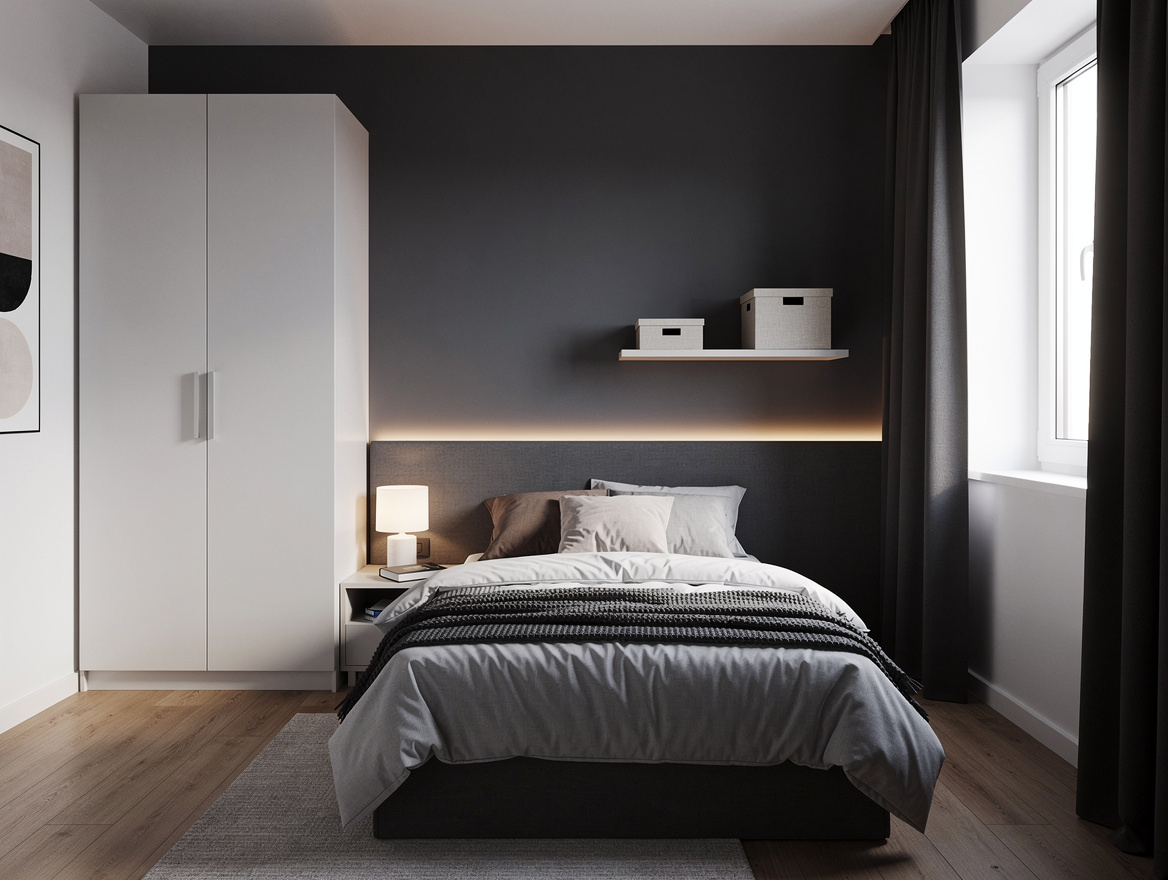 Wide ambient photo of a compact teen boy bedroom with charcoal accent wall, twin