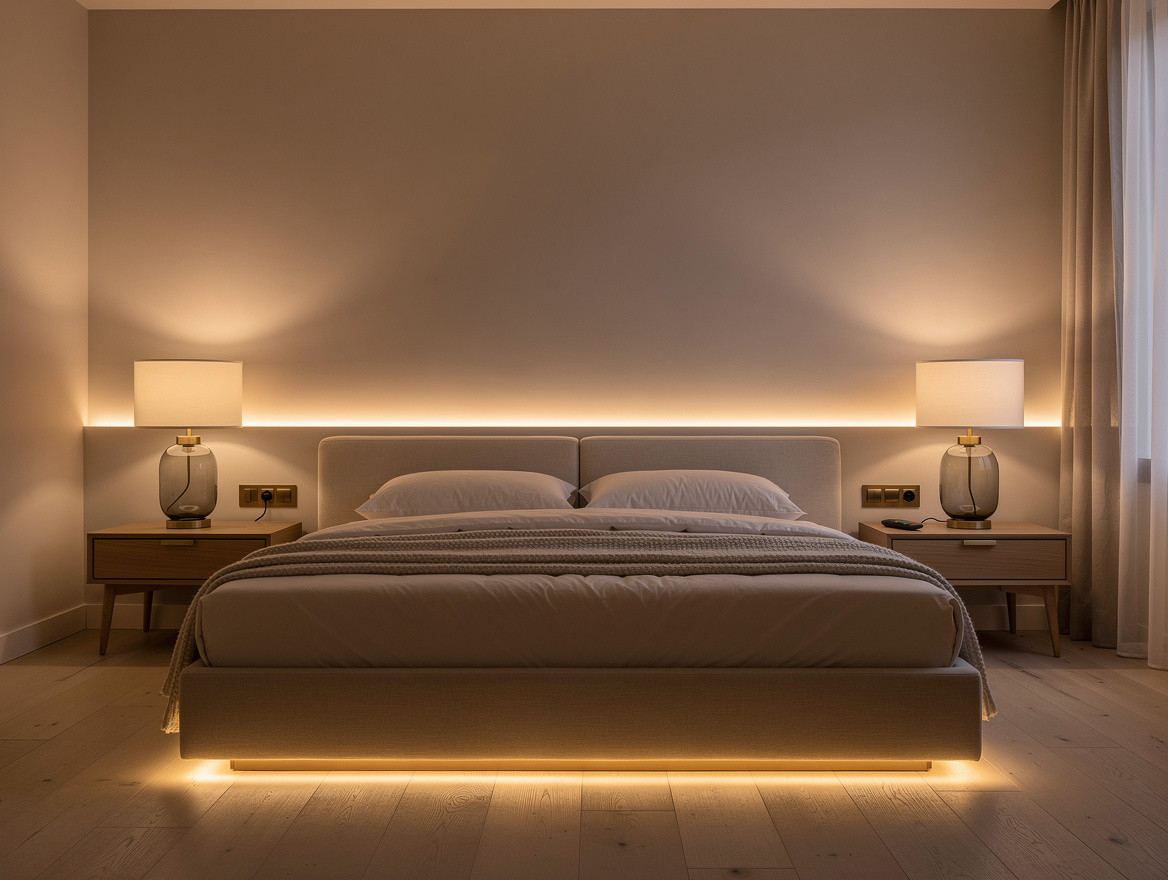 Wide ambiance photo of a calm bedroom at night with hidden warm LED strip behind