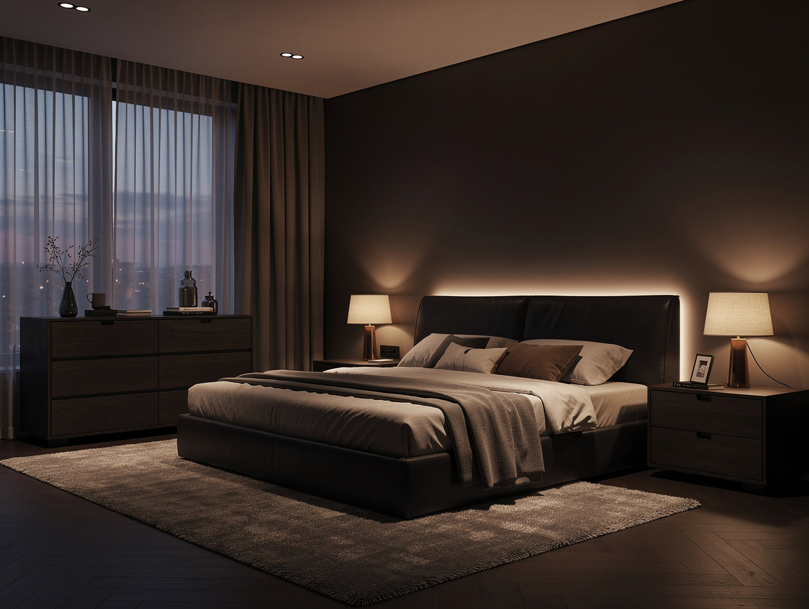 Wide ambiance photo of a sophisticated dark bedroom at dusk with layered warm li