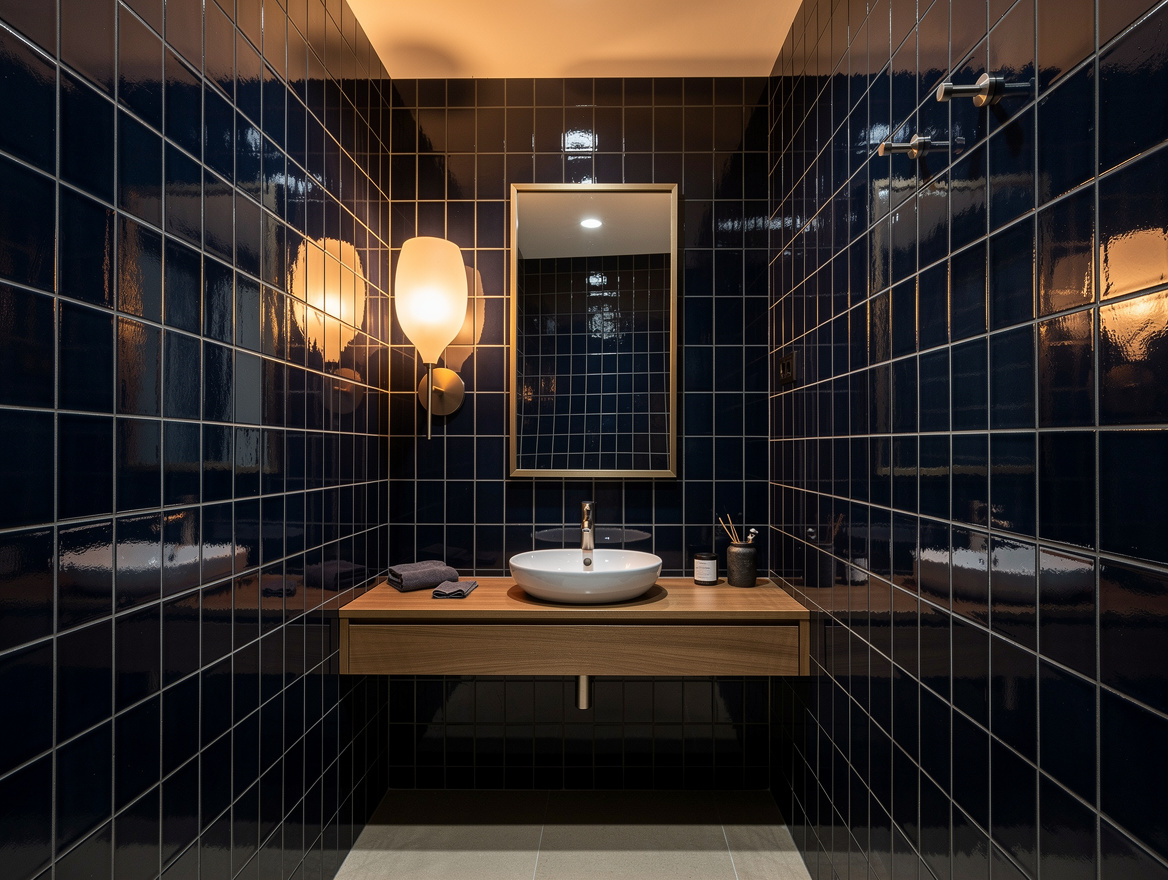 Wide ambiance photo of a compact powder room with bold glazed wall tile, small v