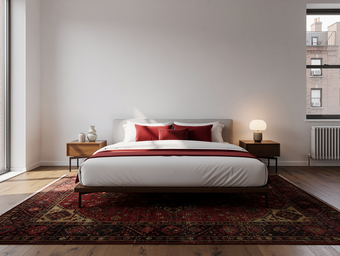 Wide ambient photo of an energizing red bedroom with Persian-style red rug under