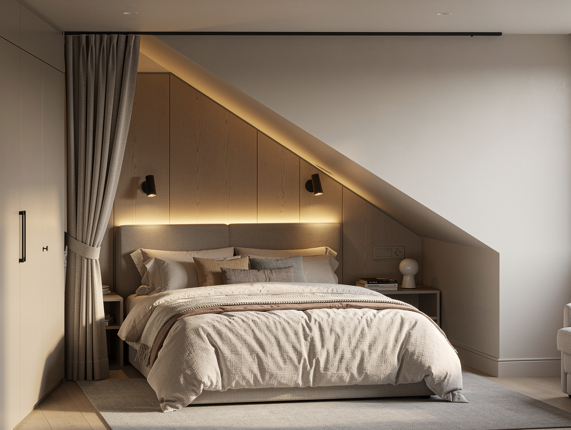 Realistic wide ambiance photo of a small bedroom with an alcove bed under a slop