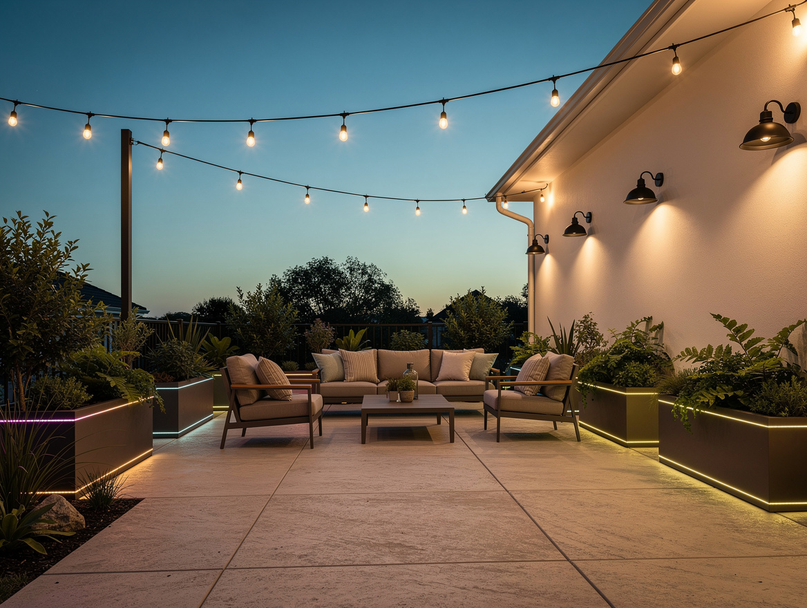 Wide ambiance photo of an American patio with warm smart string lights, subtle c