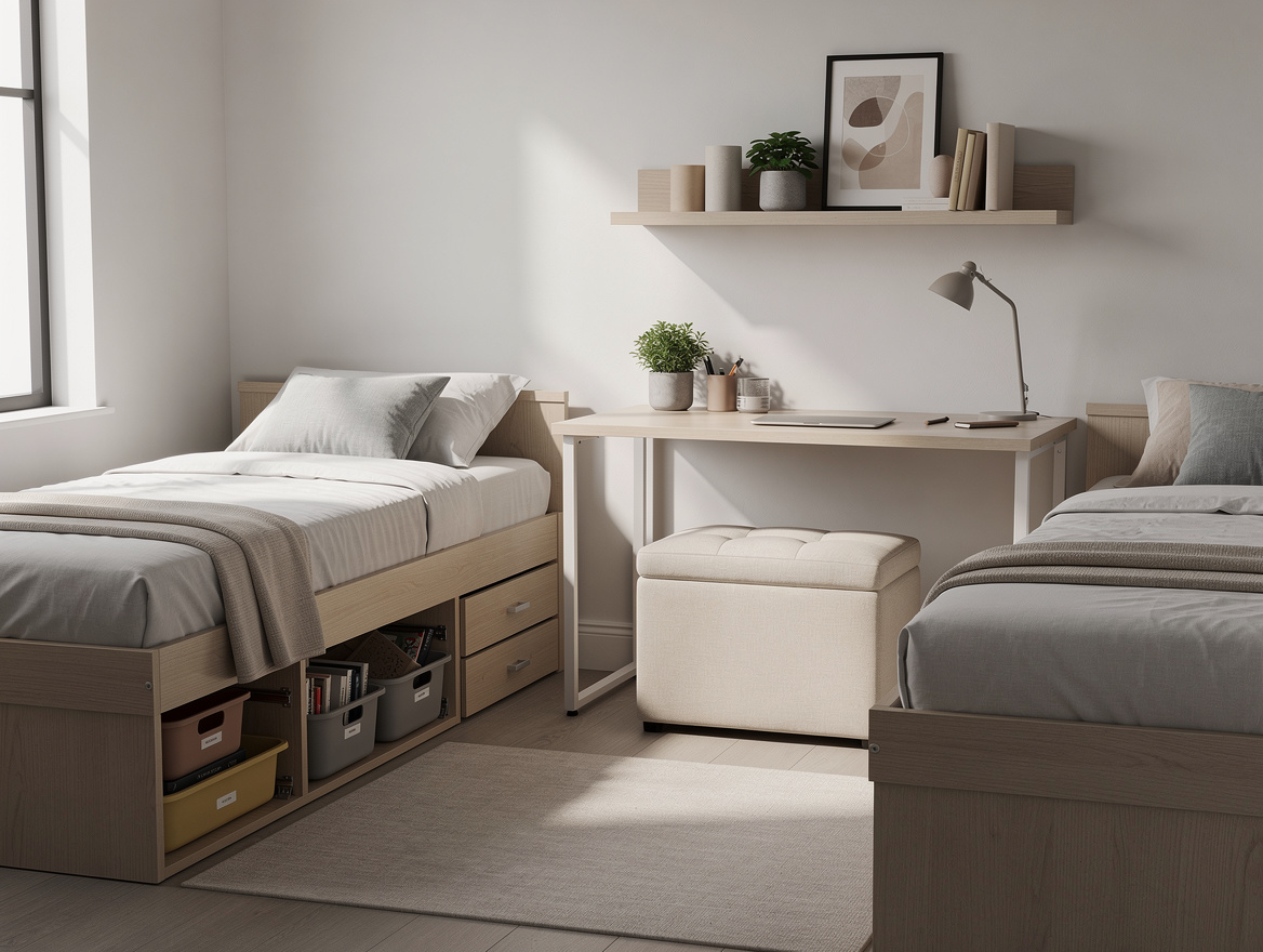 Wide ambient photo of a shared college dorm room with compact layout, under-bed