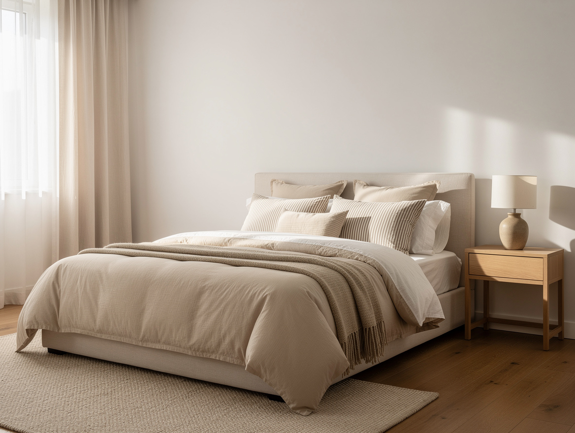 Wide ambiance photo of a cozy modern bedroom with tone-on-tone neutral bedding,