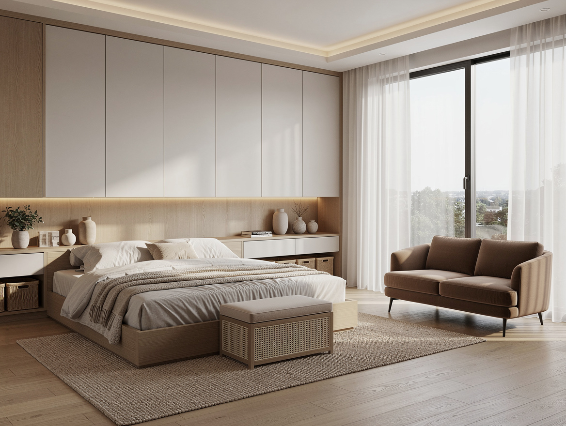 Wide ambiance photo of a dreamy modern bedroom with neutral palette, compact lov