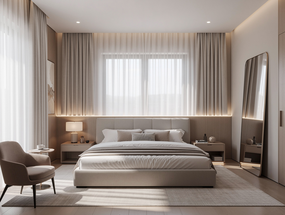 Wide ambient photo of a calm luxury bedroom retreat with layered lighting, floor