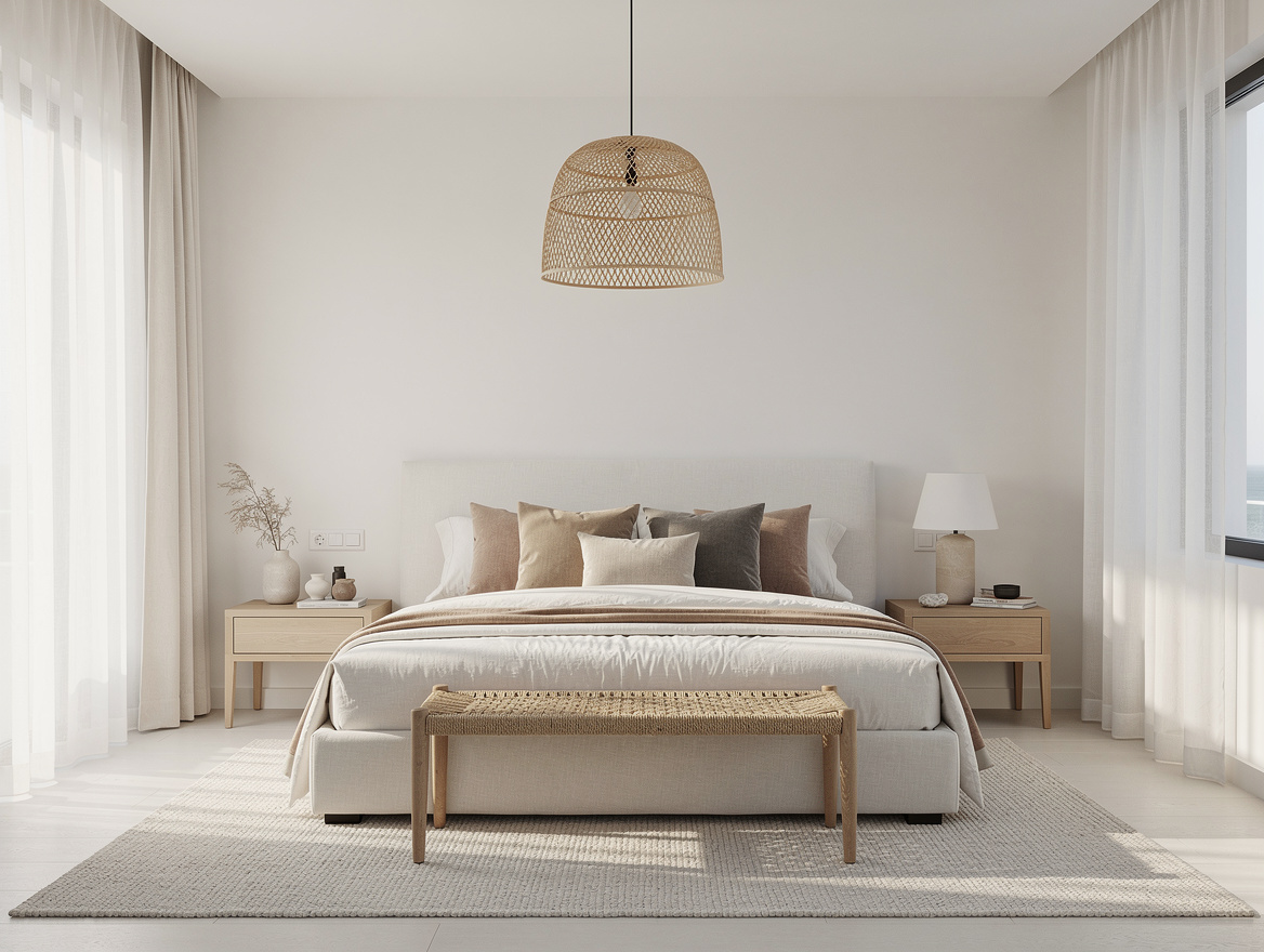 Wide ambient photo of a serene coastal primary bedroom with layered neutral text