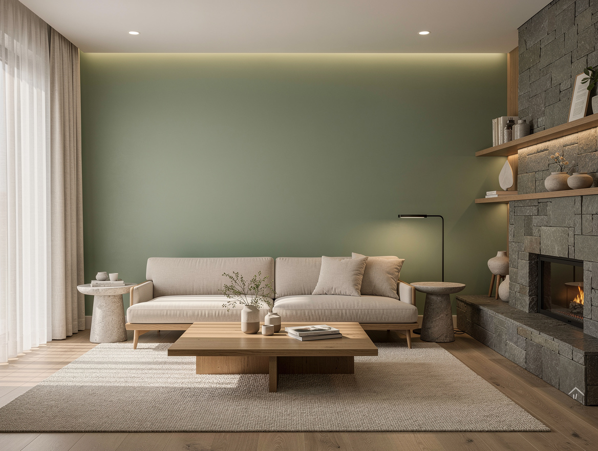 Wide ambiance photo of an organic modern living room with color-drenched sage wa