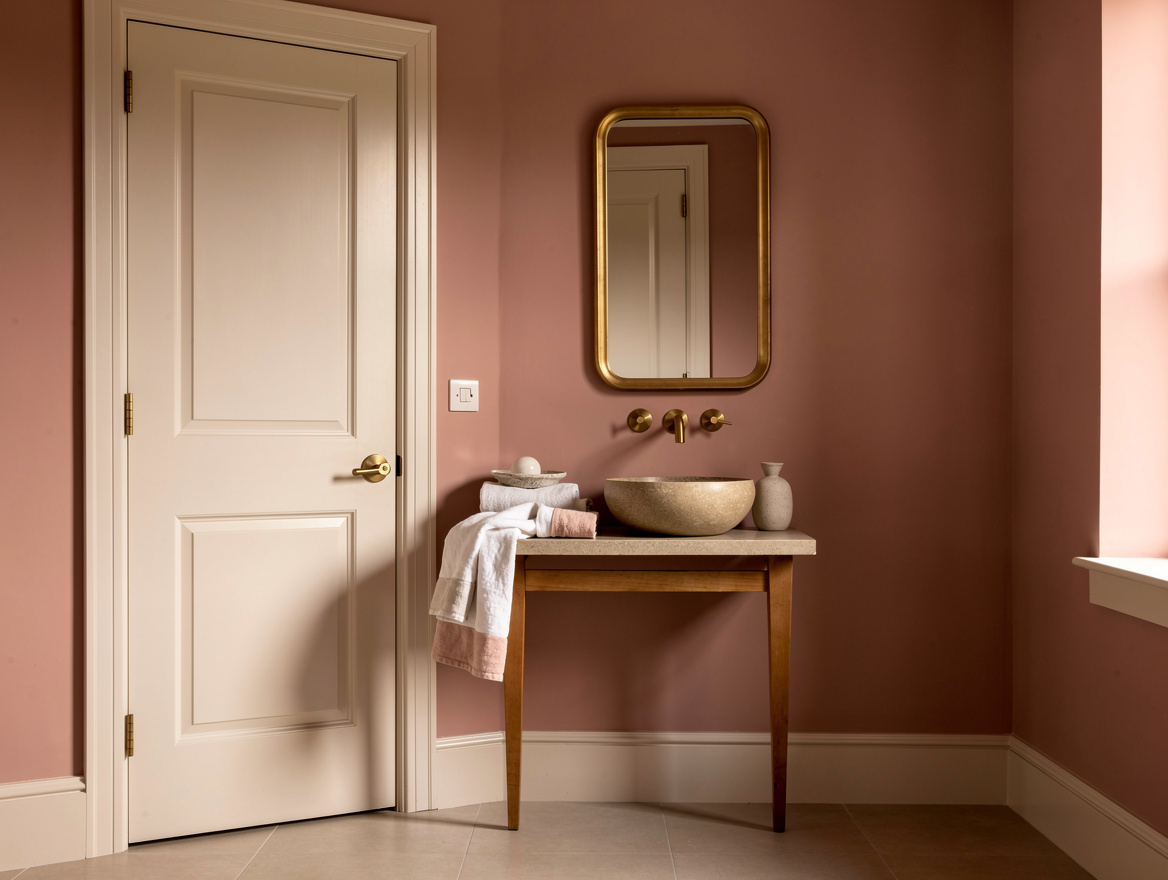 Wide ambiance photo of a small powder room painted in muted rosy pink with warm