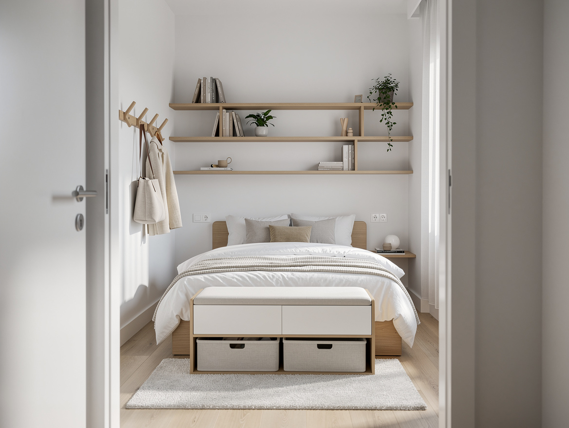 Wide ambiance photo of a tiny bedroom with wall shelves above the bed, hooks beh