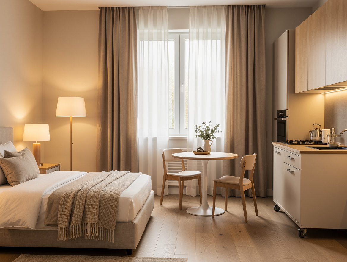 Realistic wide interior photo of a well-zoned studio apartment with bed area, sm