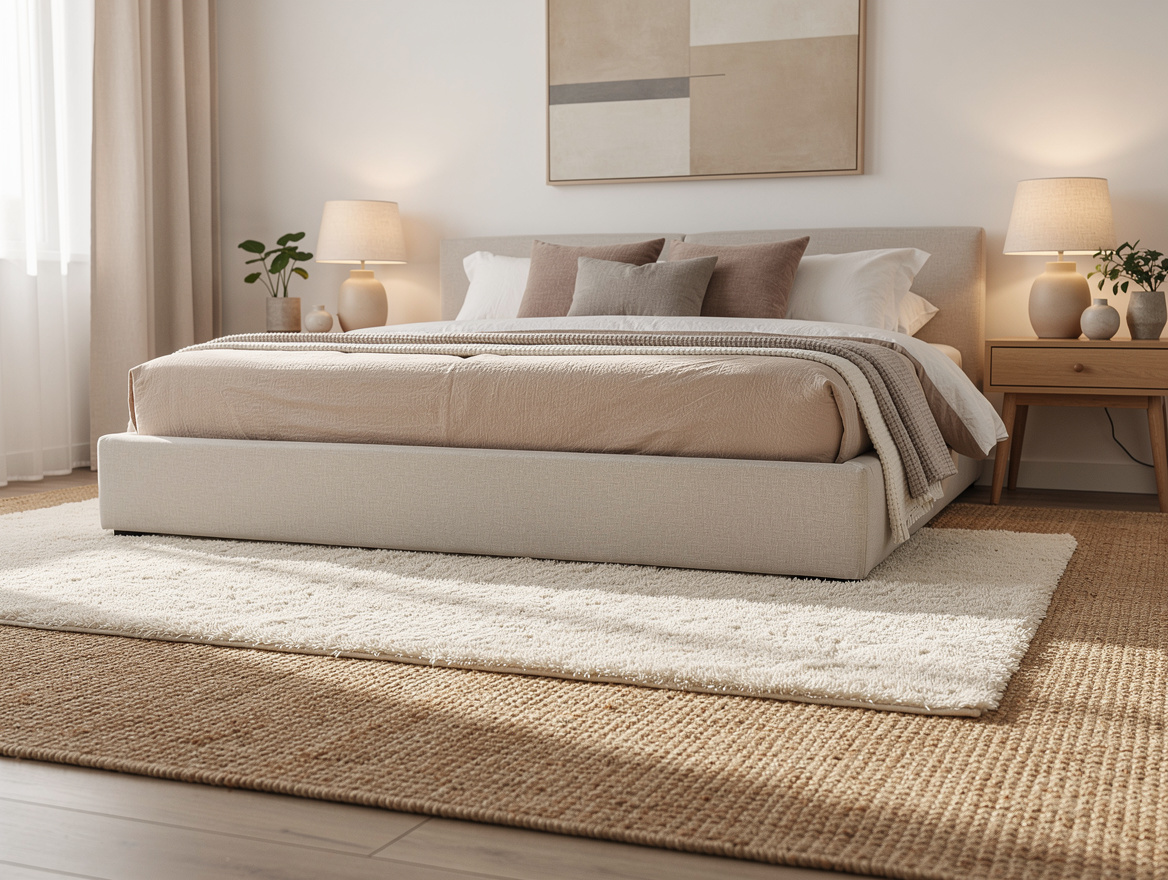 Wide ambient bedroom scene with layered rugs, IKEA jute base and plush accent ru